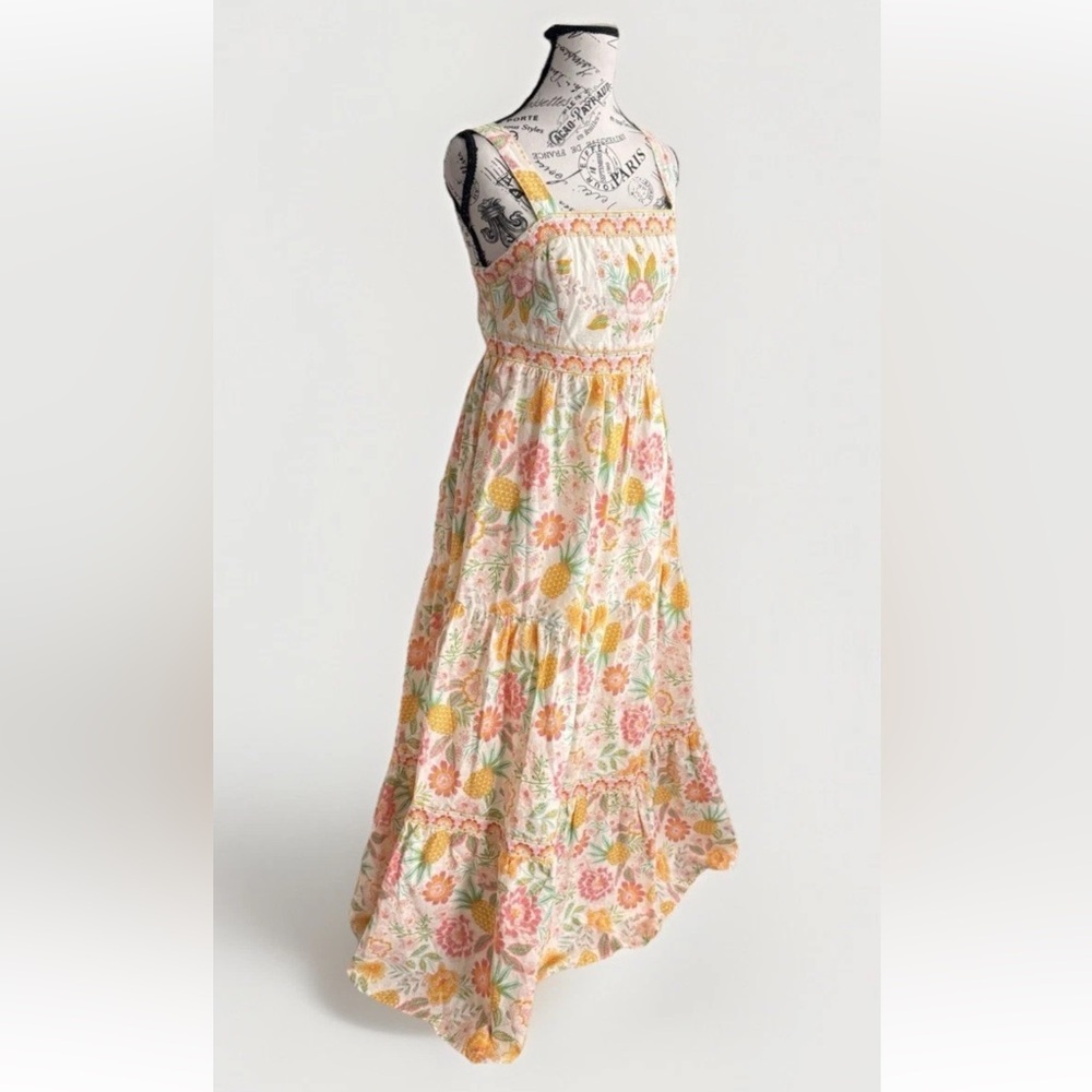 Rachel Zoe Floral Boho Tiered Ruffle Maxi Dress Pineapple Tropical Cotton Size 4 - Picture 2 of 14